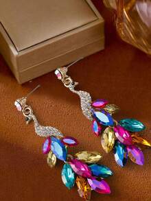 1 Pair Vintage Peacock Design Drop Earrings, 14K Gold Plated Green Crystal Feather Decor, Boho Style Exaggerated Peacock Feather Pendant Earrings, Suitable For Birthday, Holiday And Other Occasions, Summer Fashion Jewelry, Women's Party Gift - One Size - View 5