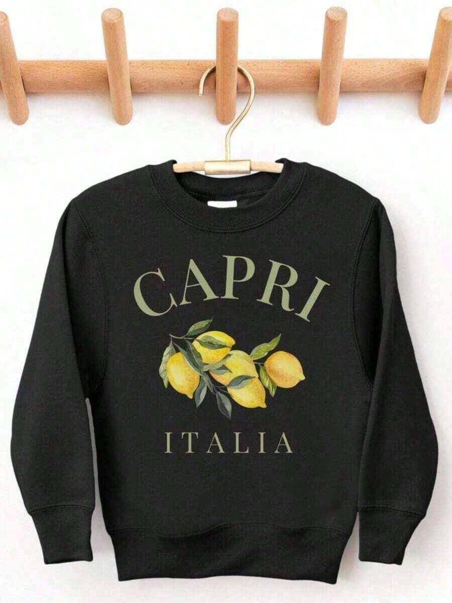 Capri, Italia Youth Crewneck Sweatshirt |     Kid's Pullover Sweater |     Boho Lemons, Amalfi Coast, Italy Top |     Italian Travel Outfit |     Gift Idea - màu đen - Xem 1