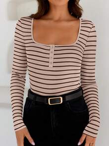Women's Long Sleeve Tops Slim Fit Stylish Striped Half Button Up Square Neck T-Shirt For Fall - Beige - View 6