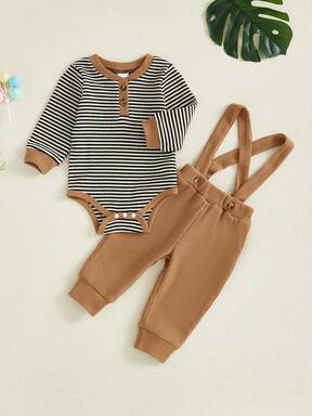 Conjuntos de 2 piezas para bebés varones, mono de rayas con cuello redondo y manga larga, pantalones con tirantes