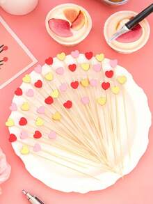 100pcs Heart-Shaped Bamboo Cocktail Picks (Random Color), Heart-Shaped Toothpicks, Suitable For Appetizers, Snacks, Desserts, Fruits, Vegetables, Sandwiches, Cheese, Sausages, Can Be Used As Party Decorations, Also Suitable For Birthday Parties, Weddings, Gender Reveal Parties, Home Decor Fruit Picks, Also Suitable For Weddings, Valentine's Day And Mother's Day Theme Birthday Party Cake Decoration. - Multicolor - View 7