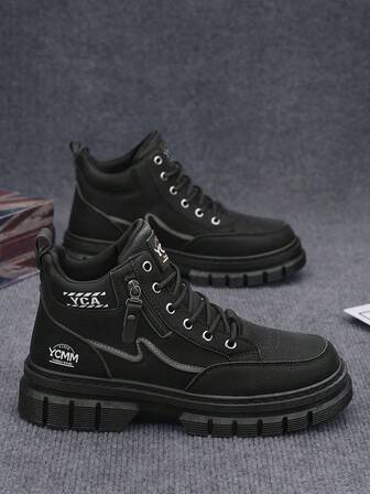 Men's High-Top Leather Boots With Side Zipper, Lace-Up Sporty Design, Durable & Versatile, Suitable For Work, Casual Wear And Outdoor Street Style
