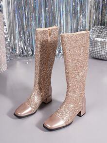 Sexy Party Gold Square Toe Chunky Heel Thigh High Boots, Warm Side Zipper High Heel Riding Boots For Women, Autumn/Winter - Gold - View 8