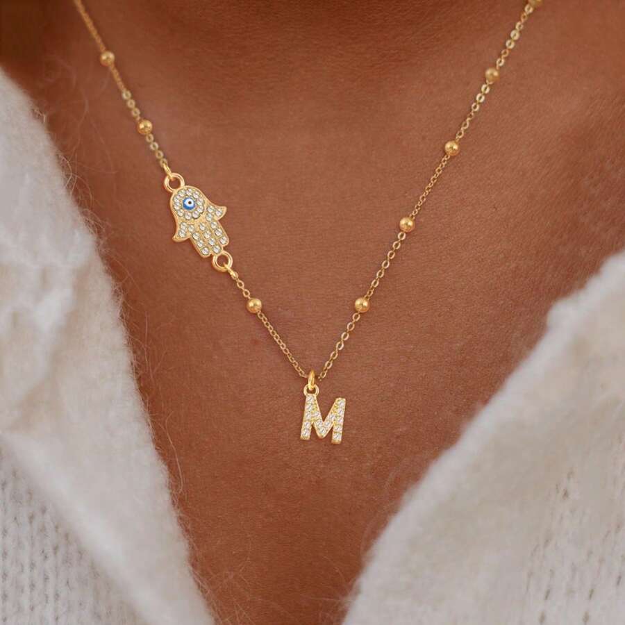 1pc Classic Fashion Pave Zirconia Initial Hamsa Hand Golden Stainless Steel Bead Chain Necklace For Women - Yellow Gold - View 1