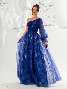 VIPGIRL Vestido de noche de una sola manga con linterna de malla azul marino para mujeres - azul real - Ver 5