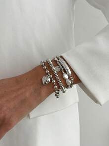 Set de 4 piezas Pulsera con colgante de corazón de cuentas de cubo geométrico bohemio CCB, elegante y de moda para fiesta, casual, vacaciones, citas de pareja, cumpleaños de mujer, regalo de joyería versátil - Pulsera - Ver 5