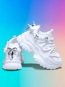 7cm Elevator Women's Fashion Casual Sneakers With Detachable 3D Bowknot Decoration, Outdoor Thick Sole EVA Shock-Absorbing Non-Slip Breathable Mesh Lace-Up Round Toe Lightweight Comfortable Casual Shoes For Daily, Campus, Workout - White - View 14