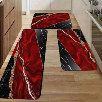 Modern Bright Kitchen Decor Rug - Black With White Marble Veins, Red Abstract Patterns, Gold Strip - Artistic Bold Focal Point For Neutral-Toned Kitchen Floors, Perfect For Organized Stylish Kitc