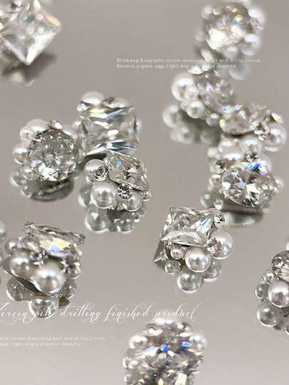 New Zirconia Inlaid Pearl Rhinestone Nail Art Decoration, Sparkling 3D Round Pigeon Egg Shaped Square Diamond Ball, Rhinestone & Decorative Parts For Nails