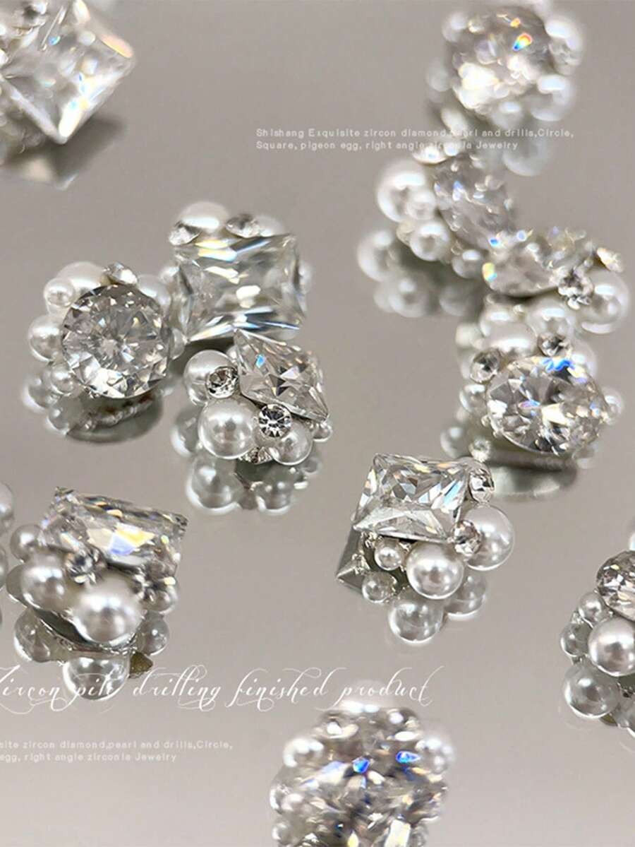 New Zirconia Inlaid Pearl Rhinestone Nail Art Decoration, Sparkling 3D Round Pigeon Egg Shaped Square Diamond Ball, Rhinestone & Decorative Parts For Nails - Multicolor - View 1