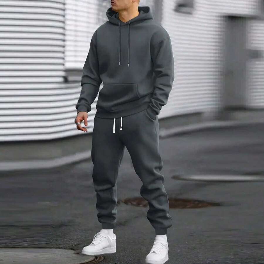 Men's Autumn Suit Casual Sports Solid Color Hoodie Men's Two-Piece Set Loose Sweatshirt Men's Clothing - 深灰 - 查看 1