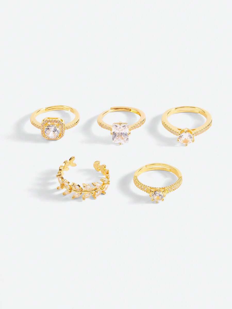 Opalesca 5 件套奢华几何水钻戒指套装优雅女士婚礼派对戒指 - 金黃色 - 查看 1