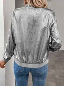 Keke Bloomly Women's New Lightweight Long Sleeve Zip-Up Casual Jacket, Shiny Metallic Fabric, Fashionable Bomber Style, Versatile For Work, Travel And Leisure - Light Grey - View 3
