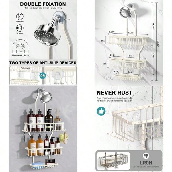 Shower Caddy Hanging Never Rust Shower Hanging Organizer Aluminum Over The ShowerHead Caddy With Soap Basket And 6 Hooks For Razor/Sponge Milky White