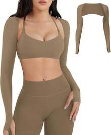 Women Crop Top Long Sleeve Bolero Open Front Workout Cropped Shirts Sports Shrug - Mocha - View 1