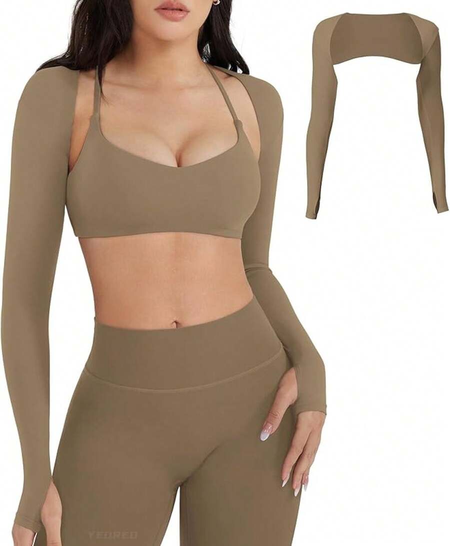 Women Crop Top Long Sleeve Bolero Open Front Workout Cropped Shirts Sports Shrug - Mocha - View 1