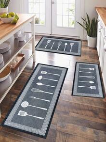 1pc Tableware Letter Printed Kitchen Mat, Modern Style Polyester Fiber Material Rectangular Non-Slip Duiable Indoor Entrance Mat,Kitchen Mat,Outdoor Carpet,For Living Room,Bedroom,Kitchen Decoration - Buff Yellow - View 7