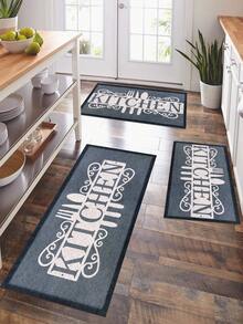 1pc Tableware Letter Printed Kitchen Mat, Modern Style Polyester Fiber Material Rectangular Non-Slip Duiable Indoor Entrance Mat,Kitchen Mat,Outdoor Carpet,For Living Room,Bedroom,Kitchen Decoration - Buff Yellow - View 8