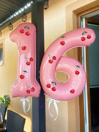 2件套樱桃装饰数字气球，包含32英寸粉色0-9数字气球、樱桃贴纸装饰，适用于生日装饰、樱桃主题生日派对、场景装饰、房间装饰、生日庆祝装饰、迎婴派对、摄影道具、周年纪念、婚礼、周岁生日、生日派对装饰