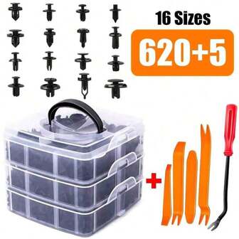 625 件汽车紧固件固定夹，车身推钉铆钉夹，包含 16 种最常用尺寸和 5 个饰条拆卸工具套装，适用于卡车和摩托车的汽车保险杠门板塑料卡扣套件