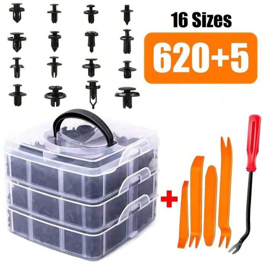 625pcs Automotive Fastener Clips, Includes 16 Most Common Sizes & 5 Trim Tools, Suitable For Truck And Motorcycle Bumper And Door Panel Plastic Clips - 625pcs - View 1