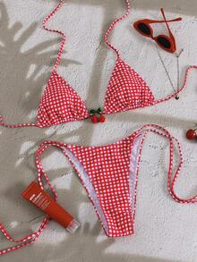 PEPPERMOLLY 条纹格纹酒红色性感交叉比基尼，度假风女士夏季沙滩两件式泳衣，红白格纹樱桃装饰三角泳衣上装和可调节泳裤，性感迷人女士泳装，度假泳池派对泳衣 - 粉色 - 查看 9