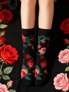 1双女士花卉玫瑰中筒袜，ins风长袜，秋冬款 - 彩色 - 查看 4