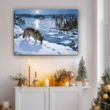 Misterioso arte de pared en lienzo con marco de madera de lobo de montaña de nieve natural de invierno - pintura de escena de lobo de invierno y nieve, enmarcada,últiples tamaños, adecuada para decoración de sala de estar, dormitorio, oficina de tranquilidad y paisaje natural - regalo de Navidad para el hogar - transparente - Ver 4