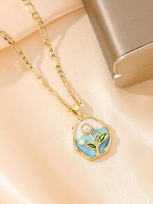 1pc European & American Style New Pearl Inlaid Faux Enamel Crafted Petite Pendant Necklace, Suitable For Stacking, Countryside Style, Ideal Gift For Christmas, Thanksgiving, Halloween, Mother's Day, Valentine's Day, Friends, Communion, Daily Wear, Prayer - Yellow Gold - View 4