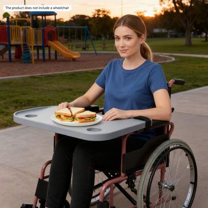 LianDu-US Detachable Wooden Wheelchair Tray Table With 2 Cup Holders For Wheelchairs With 14.57 To 22.83in Armrest Widt, 22.83*20.87in(L*W), Grey