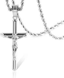 Sterling Silver Plated Cross Necklace For Plated Cross Necklaces For Women Stainless Steel Crucifix Pendant With 3mm 21inch Rope Chain - Silver 21in - 查看 7
