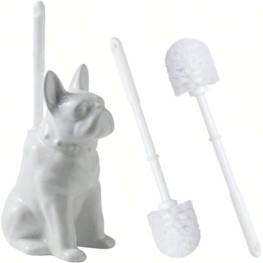 2025 Ceramic Dog Toilet Brush Holder Set French Bulldog Design With 2PCS Durable Plastic Brush Modern Bathroom Accessories White - White - View 1