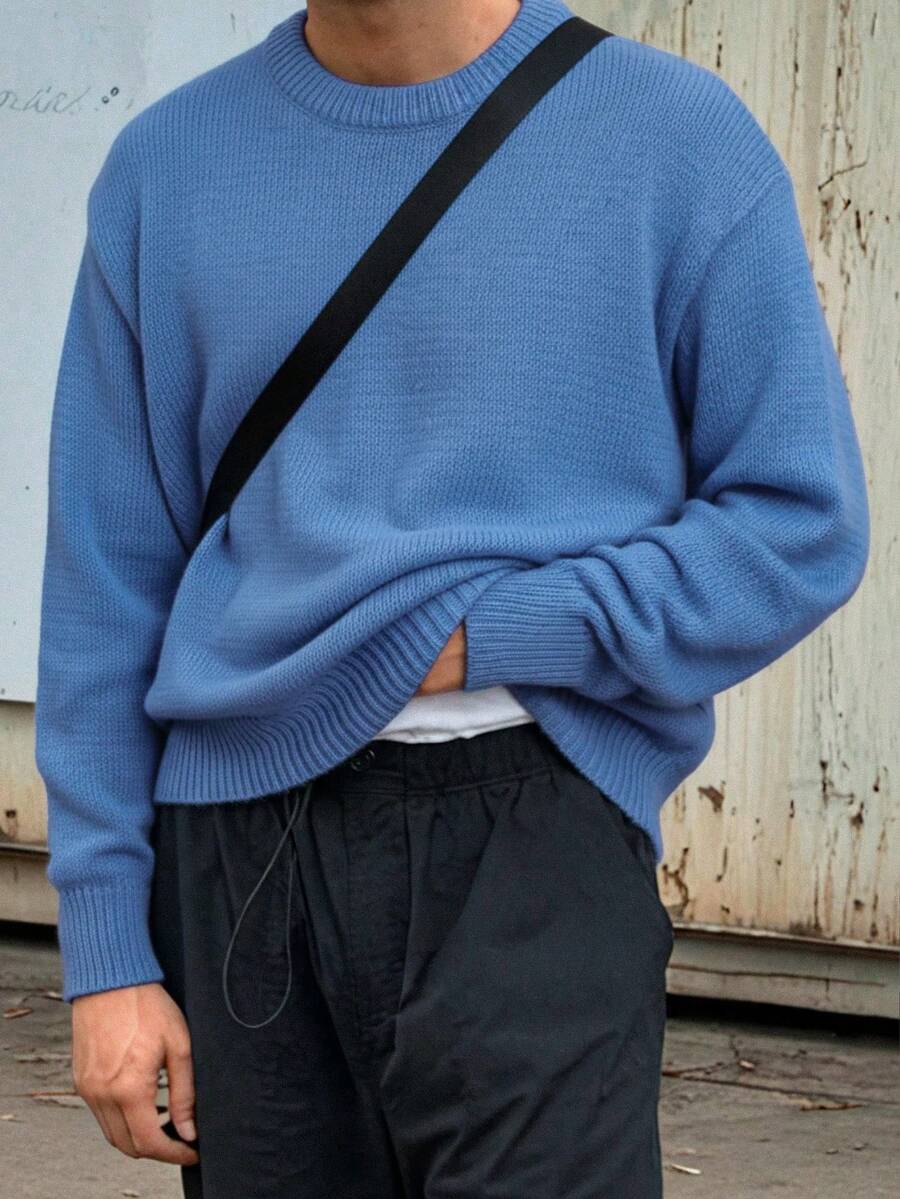 ANDREILEE 男士休闲套头毛衣，街头风，纯色，长袖，圆领，宽松版型，短款，轻薄透气，聚酯纤维面料，适合春、秋、冬季穿着。