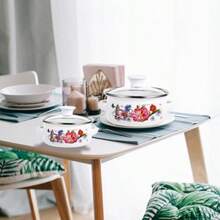 Enamel Stock Pot Set With Lid 3pcs Retro Flower Design Stew And Bean Cooking Pots Enamelware Pasta Pots With Flat Bottom For Gas Stoves Dural Handles For Easy Grip Dishwasher  Ideal For Home Cooks Compact Kitchen Essentials Diameters: 8/7/6 Inches - AssortedColor - View 4