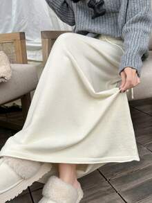 休闲风高腰抽绳羊毛混纺针织A字裙，修身百搭，春季必备 - 杏色 - 查看 4