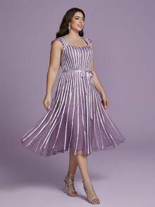 Vestido de noche de alta gama con cuello redondo, mangas de avión, tela de malla fina con efecto de drapeado - Púrpura malva - Ver 3