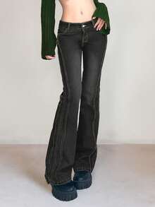 女式 Y2K 带口袋喇叭牛仔裤，秋季