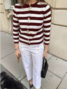 Frühlings-/Sommer-Neuheit Strickjacke von FOR BEAUTY, minimalistischer Lässig-Stil, Rundhalspullover mit Langarm, gestreift, Metallknöpfe, vielseitig & modisch, eleganter Top für den Büroalltag - Tiefrot und Perlweiß - Übersicht 2