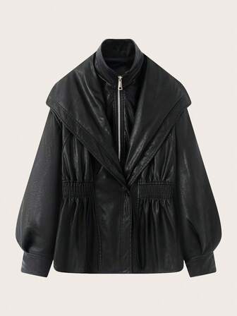 Women's Solid Color Dual Collar Zip-Up Faux Leather Jacket, Autumn/Winter