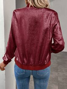 Keke Bloomly Damska lekka, zapinana na zamek, luźna kurtka typu bomber z długim rękawem, lśniący metaliczny kolor bordowy, modna, uniwersalna kurtka dojazdowa i wakacyjna - Burgund - Zobacz 3