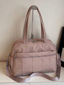 大容量纯色简约尼龙轻便手提行李包，多口袋拉链设计，带干湿分离隔层，适合健身、瑜伽、上学、旅行、度假等场合，可作旅行包、过夜包、耐用旅行收纳包、邮轮必备、度假必备，男女皆宜。