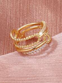 1 chiếc nhẫn bất đối xứng nhiều lớp đính đá Zirconia thời trang, thanh lịch. - Vàng - Xem 3