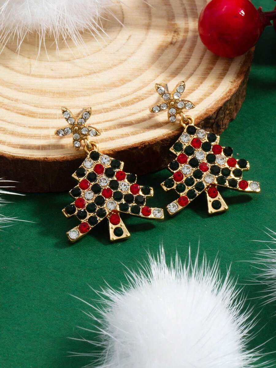 1 Pair Fashionable Rhinestone Studded Star & Christmas Tree Design Women Earrings, Winter - Multicolor 3 - View 1