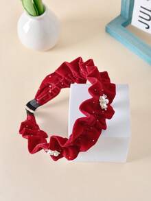 1件装女童新款天鹅绒褶皱珍珠水钻发箍，日常佩戴百搭，2026新年款 - 紅色 - 查看 4