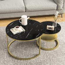 Caluself Tavolino laterale 2 pezzi, tavolino rotondo da caffè in set da 2, tavolino moderno da caffè per il soggiorno, tavolino laterale impilabile con motivo in marmo, tavolo circolare, tavolino laterale decorativo con robusta struttura in metallo, 70 x 70 x 45 cm + 45 x 45 x 40 cm - Nero 2 - Visualizzare 4