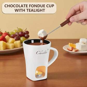 陶瓷芝士火锅杯、巧克力火锅杯、巧克力炉、巧克力熔炉、巧克力熔化杯、巧克力芝士火锅杯套装，厨房和餐厅必备，非常适合家庭聚会、生日、婚礼（附赠叉子）