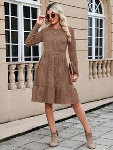 Women's Knitted Sweater Dress With Pockets, Casual Ruffle Hem, Brown Midi Dress, Suitable For Spring, Valentine's Day Party - Brown - View 2