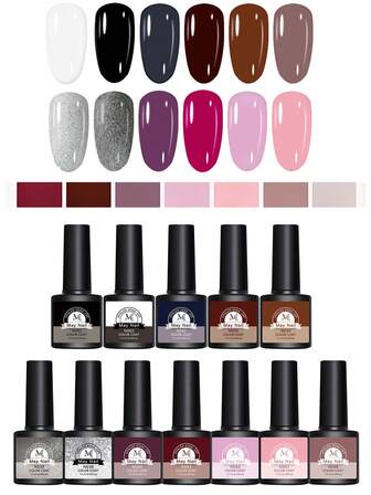 12色美甲凝胶套装，持久不脱落，UV/LED固化闪粉美甲凝胶组合，耐用且适合日常DIY美甲