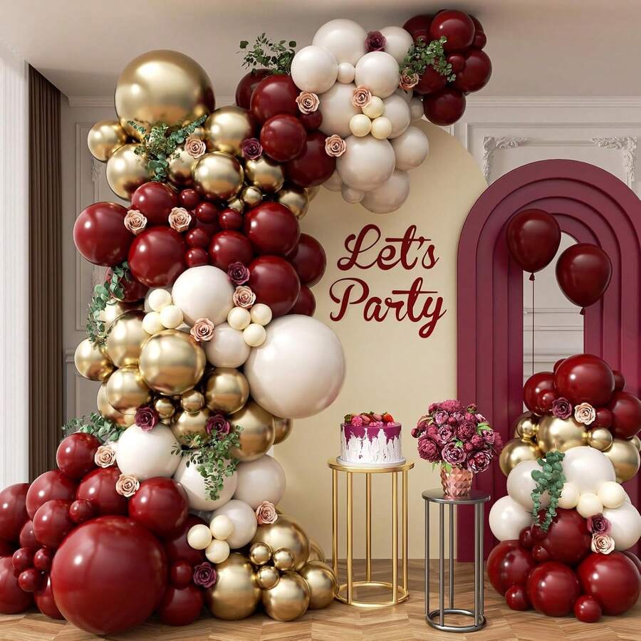 131 pezzi Kit arco ghirlanda di palloncini bordeaux con palloncini bordeaux, marroni, bianchi, metallici dorati e nudi per decorazioni di laurea, doccia nuziale e feste di compleanno nei colori bordeaux e oro - Multicolore - Visualizzare 1