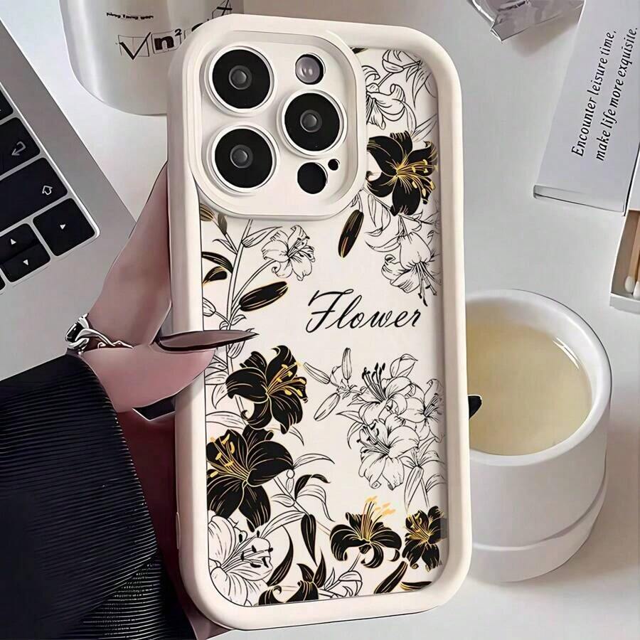 1pc Black, White & Brown Floral, Plant, Leaf Printed Creative & Personalized Phone Case, Matte Black, White, Brown, Coffee Color Gradient Frame, Shockproof Soft Shell Cover For OPPO/VIVO//HONOR/APPLE/REALME/TRANSSION/A38/A58/A78/A12/A15/S/A16/A17/A32/A52/A53 - 冷咖色 - 查看 1